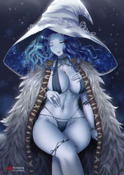 Rule 34 | 1girl, bikini, black bikini, blue eyes, blue hair, blue skin, breasts, cleavage, cloak, colored skin, cracked skin, doll joints, elden ring, extra arms, extra faces, fur cloak, glowing tattoo, hat, highres, joints, large hat, long hair, looking at viewer, navel, one eye closed, parted bangs, ranni the witch, ryuuneart, smile, solo, swimsuit, thighs, white hat, witch, witch hat