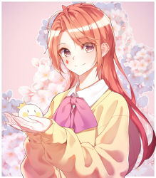 Rule 34 | 1girl, blush, bow, brown hair, closed mouth, collared shirt, copyright request, crown, facial mark, flower, gradient hair, hands up, highres, holding, long sleeves, mini crown, multicolored hair, parted bangs, pink bow, pink flower, purple eyes, red hair, se.a, shirt, sleeves past wrists, smile, solo, sweater, upper body, white flower, white shirt, yellow sweater
