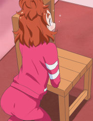 Rule 34 | 1girl, ass, blush, chair, from behind, go! princess precure, haruno haruka, haruyama kazunori, jacket, open mouth, pantylines, precure, red hair, short hair, solo, track jacket, track suit