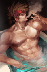 Rule 34 | 1boy, abs, arc system works, bad id, bad pixiv id, bathing, bathtub, brown hair, gairen, guilty gear, headband, large pectorals, long hair, male focus, muscular, nude, pectorals, ponytail, smoke, sol badguy, solo