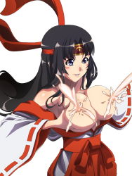 Rule 34 | 1girl, armpits, bare shoulders, black hair, blunt bangs, blush, breasts, breasts out, female focus, floating hair, grabbing own breast, hakama, hakama skirt, hands up, headband, highres, japanese clothes, kimono, lactation, large breasts, long hair, looking at viewer, melona (queen&#039;s blade), milk, monster girl, naughty face, nipples, no bra, parted lips, purple eyes, queen&#039;s blade, red headwear, simple background, skirt, slime girl, smile, solo, tomoe (queen&#039;s blade), transformation, upper body, white background, wide sleeves, yachi (fujiyasu0616)