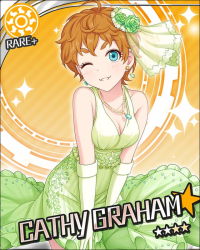 Rule 34 | 10s, 1girl, aqua eyes, artist request, blonde hair, card (medium), cathy graham, character name, curly hair, dress, earrings, elbow gloves, eyebrows, gloves, green dress, green gloves, idolmaster, idolmaster cinderella girls, jewelry, official art, one eye closed, orange background, short hair, solo, sparkle, sun symbol, very short hair