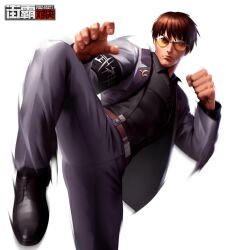 Rule 34 | bad source, belt, business suit, clenched hand, formal, guy (final fight), knee up, logo, serious, short hair, street fighter, street fighter: duel, suit, suspenders, tinted eyewear, yellow-tinted eyewear