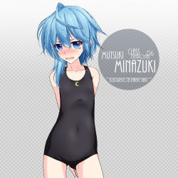 Rule 34 | 1girl, ahoge, alternate costume, arms behind back, artist name, asymmetrical hair, black one-piece swimsuit, blue eyes, blue hair, blush, character name, checkered background, collarbone, commentary request, contrapposto, cowboy shot, crescent, embarrassed, eyes visible through hair, flat chest, gluteal fold, gradient background, grey background, hair between eyes, inaba shiki, kantai collection, logo, looking at viewer, minazuki (kancolle), nose blush, one-hour drawing challenge, one-piece swimsuit, open mouth, school swimsuit, short hair, short hair with long locks, simple background, solo, standing, swimsuit