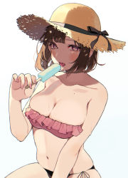 Rule 34 | 1girl, absurdres, bare arms, bare shoulders, bikini, bird, black bird, black ribbon, blush, breasts, brown hair, brown hat, cleavage, collarbone, commentary request, deha rou, fingernails, food, frilled bikini, frills, hat, hat ornament, hat ribbon, highres, holding, holding food, large breasts, long fingernails, looking at viewer, mismatched bikini, mole, mole on body, mole under eye, nail polish, open mouth, original, pink bikini, pink nails, popsicle, purple eyes, ribbon, short hair, side-tie bikini bottom, simple background, sitting, skindentation, solo, straw hat, swimsuit, tongue, tongue out, white background