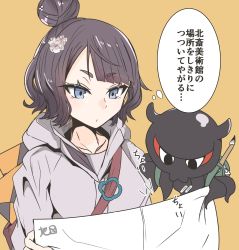 Rule 34 | 1girl, absurdres, backpack, bag, black eyes, black hair, blue eyes, commentary request, contemporary, fate/grand order, fate (series), floating, flower, gin moku, hair bun, hair flower, hair ornament, highres, holding, holding paper, hood, hood down, hoodie, katsushika hokusai (fate), katsushika hokusai (traveling outfit) (fate), octopus, official alternate costume, orange background, paintbrush, paper, short hair, single hair bun, solo, tentacles, thought bubble, translation request