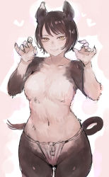 Rule 34 | 1girl, animal ears, black hair, breasts, c.cu, cat ears, cat girl, cat tail, cowboy shot, dungeon meshi, fundoshi, fur, izutsumi, japanese clothes, looking at viewer, navel, no nipples, paw pose, short hair, slit pupils, small breasts, solo, standing, tail, yellow eyes