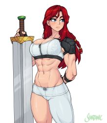 Rule 34 | 1girl, abs, artist name, asymmetrical clothes, blue eyes, breasts, commentary, cowboy shot, english commentary, fingerless gloves, gloves, hair between eyes, highres, huge weapon, large breasts, long hair, muscular, muscular female, navel, original, red hair, shardanic, simple background, single pantsleg, solo, watermark, weapon, white background