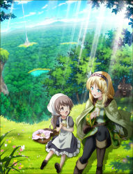 Rule 34 | 2girls, absurdres, basket, bear, bird, blonde hair, blue eyes, blush, breasts, brown eyes, brown hair, bug, butterfly, cape, cayna, cloud, collarbone, dappled sunlight, eating, flower, food, forest, grass, hairband, highres, horns, insect, key visual, lake, leadale no daichi nite, long hair, looking at another, lytt, medium breasts, mountainous horizon, multiple girls, nature, official art, on ground, open mouth, promotional art, sandwiched, shade, shadow, short hair, sitting, sunlight, sweat, nervous sweating, tower, tree