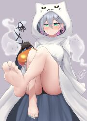 Rule 34 | 1girl, absurdres, aqua eyes, barefoot, breasts, cat, closed mouth, commentary, dated, english commentary, feet, full body, ghost, green nails, grey background, grey hair, highres, hiiragi emuri, hood, hoodie, indie virtual youtuber, jack-o&#039;-lantern, lantern, looking at viewer, medium breasts, natch imaycz, short hair, signature, simple background, sitting, soles, solo, virtual youtuber