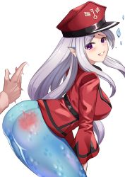 Rule 34 | 1girl, ass, bottomless, breasts, clenched teeth, daydream (zhdkffk21), dungeon and fighter, fins, hat, head fins, highres, jacket, large breasts, leaning forward, light purple hair, long hair, long sleeves, looking back, mermaid, monster girl, peaked cap, purple eyes, red jacket, scales, solo focus, spanked, spanking, tears, teeth, very long hair, wide sleeves