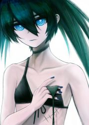 Rule 34 | 1girl, absurdres, bikini, black bikini, black hair, black rock shooter, black rock shooter (character), blue eyes, blue lips, blue nails, choker, closed mouth, collarbone, flat chest, hair between eyes, highres, long hair, looking at viewer, ly (pixiv13839236), nail polish, scar, simple background, solo, swimsuit, twintails, untied bikini, upper body, white background