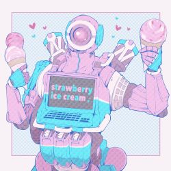 Rule 34 | 1boy, alternate color, animification, apex legends, apex legends mobile, border, english text, food, heart, highres, holding, holding food, holding ice cream, humanoid robot, ice cream, one-eyed, pathfinder (apex legends), pink eyes, polka dot, polka dot background, reian, robot, screen, solo, upper body, white border