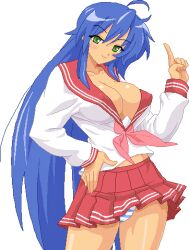 Rule 34 | 1girl, aged up, ahoge, alternate breast size, blue hair, breasts, cameltoe, cleavage, green eyes, hand on own hip, highres, izumi konata, large breasts, legs, long hair, looking at viewer, lowres, lucky star, panties, pixel art, school uniform, seductive smile, simple background, smile, striped clothes, striped panties, thighs, underwear, very long hair, warner