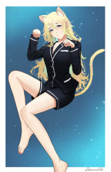 Rule 34 | 1girl, animal ear fluff, animal ears, artist name, black jacket, black shorts, blonde hair, blue eyes, blush, breasts, cat ears, cat tail, commission, darkpulsegg, feet out of frame, full body, highres, jacket, katawa shoujo, long hair, looking at viewer, nail polish, open mouth, paw pose, pixiv commission, red nails, satou lilly, shorts, simple background, solo, tail, toenail polish, toenails