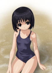 Rule 34 | 1girl, arms at sides, bad id, bad pixiv id, black eyes, black hair, black one-piece swimsuit, black school swimsuit, collarbone, cowboy shot, dot nose, from above, looking at viewer, looking up, matching hair/eyes, new school swimsuit, one-piece swimsuit, original, rohitsuka, sand, school swimsuit, short hair, sitting, smile, solo, swimsuit