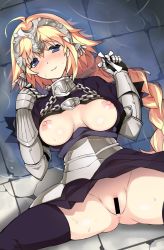 Rule 34 | 1girl, aa-rance, ahoge, anus, armor, armored dress, bar censor, blonde hair, blue eyes, blush, braid, breasts, censored, chain, clothes lift, cross, fate/apocrypha, fate/grand order, fate (series), gauntlets, headpiece, highres, holding, holding cross, jeanne d&#039;arc (fate), jeanne d&#039;arc (ruler) (fate), long hair, looking at viewer, lying, nipples, no panties, on back, purple thighhighs, pussy, shirt lift, single braid, solo, spread legs, thighhighs, water