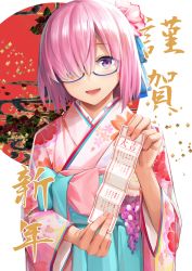 Rule 34 | 1girl, :d, akeome, bad id, bad pixiv id, blue eyes, fate/grand order, fate (series), fingernails, glasses, hair over one eye, hand up, happy new year, holding, japanese clothes, kimono, long sleeves, looking at viewer, mash kyrielight, mash kyrielight (irohanihoheto), new year, official alternate costume, open mouth, pink hair, pink kimono, purple eyes, short hair, smile, solo, umihotaru harumare, upper body, wide sleeves