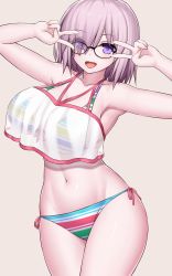 Rule 34 | 1girl, :d, absurdres, armpits, asamura hiori, bare shoulders, bikini, bikini under clothes, black-framed eyewear, blush, breasts, camisole, cleavage, collarbone, commentary request, cowboy shot, crop top, crop top overhang, double v, eyes visible through hair, fate/grand order, fate (series), glasses, groin, hair between eyes, hair over one eye, halterneck, highres, large breasts, looking at viewer, mash kyrielight, mash kyrielight (swimsuit of perpetual summer ver.02), midriff, multicolored bikini, multicolored clothes, navel, official alternate costume, open mouth, purple eyes, purple hair, see-through, short hair, side-tie bikini bottom, sidelocks, simple background, skindentation, smile, solo, standing, string bikini, striped bikini, striped clothes, swimsuit, v, v over eye