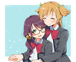 Rule 34 | 10s, 2girls, :d, ^ ^, aqua background, bell, black-framed eyewear, blush, bow, bowtie, closed eyes, commentary request, daiba nana, closed eyes, glasses, green eyes, green ribbon, hair bell, hair ornament, hair ribbon, holding hands, height difference, hoshimi junna, jacket, jingle bell, merukyara, multiple girls, open clothes, open jacket, open mouth, purple hair, red bow, red neckwear, ribbon, seishou music academy uniform, shoujo kageki revue starlight, signature, smile, sparkle background, twitter username, two side up, yuri