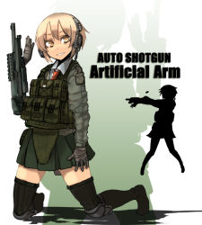 Rule 34 | bad id, bad pixiv id, black thighhighs, blonde hair, casing ejection, cyborg, gun, headphones, knee pads, kneeling, load bearing vest, prosthesis, prosthetic weapon, shell casing, short hair, sigama, silhouette, skirt, thighhighs, weapon, yellow eyes, zettai ryouiki, zoom layer