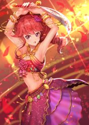 Rule 34 | 10s, 1girl, aikatsu!, aikatsu! (series), armpits, arms up, backlighting, bandeau, bangle, bare shoulders, belly chain, blurry, bracelet, brooch, dancer, dancing, depth of field, drill hair, dutch angle, earrings, flat chest, flower, gem, hair flower, hair ornament, harem outfit, highres, holding, holding sword, holding weapon, jewelry, koruse, kurebayashi juri, layered skirt, light rays, looking at viewer, midriff, navel, open mouth, own hands together, petals, pink eyes, pink flower, pink rose, pink skirt, red hair, red theme, ring, rose, scimitar, short hair, skirt, solo, stairs, stomach, sunlight, sword, tsurime, unsheathed, weapon