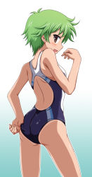 Rule 34 | 1girl, adjusting clothes, adjusting swimsuit, ass, bad id, bad pixiv id, baka to test to shoukanjuu, blush, brown eyes, competition swimsuit, fang, green hair, highres, ishida seito, kudou aiko, looking back, one-piece swimsuit, open mouth, short hair, solo, swimsuit
