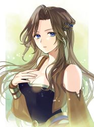 Rule 34 | 1girl, amano yoshitaka design, bare shoulders, blue eyes, blue shirt, breasts, brown hair, brown vest, celes chere, cleavage, detached sleeves, final fantasy, final fantasy vi, hair ornament, hand on own chest, kiyuu, lace-up sleeves, long hair, medium breasts, parted bangs, puffy sleeves, shirt, solo, upper body, vest