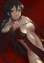 Rule 34 | 1girl, absurdres, black dress, black hair, blood, blood on face, breasts, center opening, choker, collarbone, yu mei-ren (fate), dress, fate/grand order, fate (series), fur collar, hair between eyes, highres, licking lips, long hair, looking at viewer, medium breasts, navel, nekobell, red background, red eyes, revealing clothes, solo, strapless, strapless dress, tongue, tongue out, very long hair