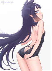 Rule 34 | 1girl, ass, back, backless outfit, bare arms, bare shoulders, black hair, blue eyes, blunt bangs, blush, breasts, butt crack, commentary, ear blush, english commentary, highres, hirotaka0125, hololive, hololive english, long hair, looking at viewer, mole, mole under eye, ninomae ina&#039;nis, parted lips, pointy ears, shoulder blades, simple background, small breasts, solo, twitter username, very long hair, virtual youtuber, white background