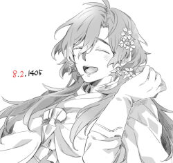 Rule 34 | 1boy, ^ ^, ^o^, antenna hair, cloak, closed eyes, constantine xi (fate), dated, earrings, facing viewer, fate/grand order, fate (series), flower, gloves, greyscale, hair between eyes, hair flower, hair ornament, hand up, happy, jewelry, light blush, long hair, male focus, monochrome, nukaduke000, simple background, smile, solo, spot color, teeth, upper body, white background