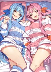 Rule 34 | 2girls, :d, blue hair, blue hoodie, blue ribbon, blush, breasts, commentary request, hair intakes, hair ribbon, head on pillow, highres, hood, hoodie, kneehighs, kotonoha akane, kotonoha aoi, large breasts, long hair, long sleeves, looking at viewer, lying, multiple girls, on bed, on side, open mouth, orange ribbon, pink hair, pink hoodie, red eyes, ribbon, siblings, sisters, sleeve cuffs, smile, socks, striped clothes, striped hoodie, striped legwear, striped socks, very long hair, voiceroid, white hoodie, yappen