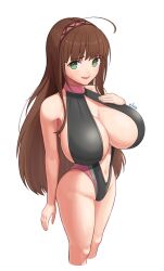 Rule 34 | antenna hair, black one-piece swimsuit, breasts, brown hair, cleavage, competition swimsuit, elun (llelunlun), green eyes, hairband, large breasts, long hair, looking at viewer, navel, nervous smile, one-piece swimsuit, open mouth, pink hairband, plunging neckline, senran kagura, simple background, smile, sweatdrop, swimsuit, ui (senran kagura), white background