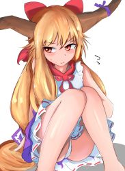 Rule 34 | 1girl, arisakak (valshun1225), blush, bow, fang, fang out, flying sweatdrops, hair bow, highres, horn ornament, horn ribbon, horns, ibuki suika, knees together feet apart, long hair, looking to the side, matching hair/eyes, orange eyes, orange hair, panties, pantyshot, ribbon, shirt, simple background, sitting, sketch, sleeveless, sleeveless shirt, solo, touhou, underwear, upskirt, very long hair, white background, white panties