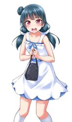 Rule 34 | 1girl, alternate hairstyle, bag, blue hair, blue ribbon, blush, collarbone, commentary request, dress, hair bun, handbag, highres, holding, holding bag, kneehighs, long hair, looking at viewer, love live!, love live! school idol festival, love live! sunshine!!, low twintails, neck ribbon, open mouth, purple eyes, ribbon, scrunchie, side bun, simple background, single side bun, sleeveless, sleeveless dress, socks, solo, tsushima yoshiko, twintails, white background, white dress, white scrunchie, white socks, yopparai oni