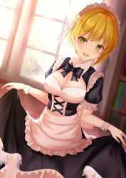 Rule 34 | 1girl, :d, apron, black bow, blonde hair, blush, bow, breasts, cleavage, commentary request, dress, green eyes, highres, idolmaster, idolmaster cinderella girls, indoors, looking at viewer, maid, maid headdress, miyamoto frederica, monaka curl, open mouth, puffy short sleeves, puffy sleeves, short hair, short sleeves, smile, solo, white apron, window, wrist cuffs