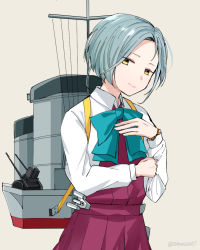 Rule 34 | 1girl, aqua bow, aqua bowtie, blue hair, bow, bowtie, closed mouth, commentary request, dress, grey background, kantai collection, long sleeves, looking at viewer, purple dress, rigging, samonasu17, shirt, short hair, simple background, solo, tamanami (kancolle), twitter username, upper body, white shirt, yellow eyes