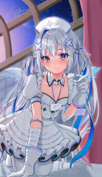 Rule 34 | 1girl, amane kanata, amane kanata (nurse), angel wings, armband, bandages, blue hair, blush, closed mouth, collarbone, colored inner hair, dress, feathered wings, flat chest, frilled dress, frills, full body, gloves, hair ornament, hat, highres, holding, holding syringe, hololive, id card, kneeling, lanyard, leaning forward, long hair, looking at viewer, low twintails, multicolored hair, nurse cap, oekakikei, pantyhose, purple eyes, rubber gloves, skylight, smile, solo, streaked hair, syringe, twintails, two-tone hair, underwear, very long hair, virtual youtuber, watermark, white dress, white gloves, white hair, white hat, white pantyhose, wings, x hair ornament