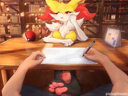 Rule 34 | 1boy, 1girl, animal ear fluff, animal ears, animal feet, animal nose, artist name, black fur, blush, body fur, book, bookshelf, braixen, breasts, creatures (company), footjob, fox ears, fox girl, furry, furry female, furry with non-furry, game freak, gen 6 pokemon, hand on own cheek, hand on own face, holding, holding pen, imoon, indoors, interspecies, medium breasts, multicolored fur, neck fur, nintendo, open mouth, paper, pawpads, pen, penis, penis out, pixiv username, poke ball, poke ball (basic), pokemon, pokemon (creature), pokephilia, pov, pov hands, red eyes, sitting, snout, solo focus, stealth sex, table, uncensored, white fur, yellow fur