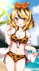 Rule 34 | 1girl, animal print, beach, black hair, blonde hair, blue sky, blurry, blurry background, blush, breasts, cleavage, cloud, commentary request, hair ornament, highres, looking at viewer, medium breasts, navel, open mouth, palm tree, ruu (tksymkw), short hair, sky, solo, sweat, tiger print, toramaru shou, touhou, tree, yellow eyes