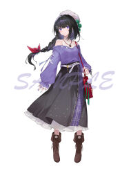 Rule 34 | 1girl, absurdres, ankle boots, bag, bare shoulders, belt, beret, black hair, black skirt, blue nails, boots, bow, braid, brown footwear, colored inner hair, cotton ball, cross-laced footwear, full body, green bow, hair bow, hair ornament, hairclip, hat, hat bow, highres, holding, holding bag, lace-up boots, layered skirt, long hair, long skirt, long sleeves, low-braided long hair, low-tied long hair, miki (virtuareal), multicolored hair, nijisanji, off-shoulder sweater, off shoulder, official art, purple eyes, purple hair, purple nails, purple sweater, red bag, red bow, sample watermark, shoulder bag, single braid, skirt, smile, solo, standing, su ran (bilibili 18604428), sweater, tachi-e, turtleneck, turtleneck sweater, virtual youtuber, virtuareal, watermark, white background, white belt, white hat, white sweater
