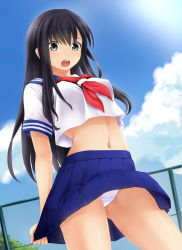Rule 34 | 1girl, :o, blue eyes, blue sailor collar, blue skirt, blue sky, blush, breasts, brown hair, chain-link fence, cloud, commentary request, covered erect nipples, cowboy shot, day, dutch angle, fence, gluteal fold, hair between eyes, long hair, looking at viewer, medium breasts, midriff, navel, neckerchief, nonaka ritsu, open mouth, original, outdoors, panties, pleated skirt, red neckerchief, sailor collar, school uniform, serafuku, skirt, skirt hold, sky, solo, standing, teeth, underwear, upper teeth only, very long hair, white panties