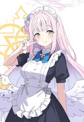 Rule 34 | 1girl, alternate costume, angel wings, apron, black dress, blue archive, blush, breasts, closed mouth, crescent, crescent pin, dress, enmaided, feathered wings, flower, frilled apron, frills, hair bun, hair flower, hair ornament, highres, kousuke0912, large breasts, long hair, looking at viewer, maid, maid headdress, mika (blue archive), pink hair, purple flower, short sleeves, single side bun, smile, solo, v, white apron, white wings, wings, yellow eyes