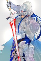 Rule 34 | 1boy, alternate costume, alternate hairstyle, alternate weapon, armor, blue hair, breastplate, cape, cu chulainn (fate), earrings, fate/stay night, fate (series), floating hair, frown, gauntlets, gloves, hair down, highres, holding, holding sword, holding weapon, jewelry, cu chulainn (fate/stay night), long hair, looking at viewer, male focus, pauldrons, red eyes, rui (o-rui), shoulder armor, solo, sword, type-moon, weapon