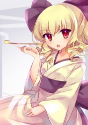 Rule 34 | 1girl, alternate costume, alternate headwear, arm up, blonde hair, blue background, breasts, chestnut mouth, commentary request, drill hair, gradient background, hair between eyes, hair ribbon, hand on lap, head tilt, highres, holding, holding smoking pipe, japanese clothes, kimono, kiseru, kujou mikuru, long sleeves, looking at viewer, luna child, obi, red eyes, ribbon, sash, sitting, small breasts, smoking pipe, solo, touhou, white kimono