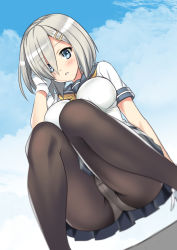 Rule 34 | 1girl, arm up, ass, black pantyhose, blue eyes, blue skirt, blurry, blush, cloud, commentary request, depth of field, eyes visible through hair, from below, gloves, hair ornament, hair over one eye, hairclip, hamakaze (kancolle), hand in own hair, kantai collection, knees together feet apart, legs, looking down, mitarashi kousei, outdoors, panties, panties under pantyhose, pantyhose, school uniform, serafuku, shirt, short hair, short sleeves, silver hair, skirt, sky, solo, squatting, thighs, underwear, white gloves, white panties, white shirt