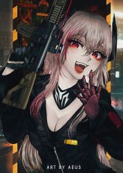 Rule 34 | 1girl, aeus, assault rifle, black gloves, black jumpsuit, black scarf, blonde hair, eotech, eyebrows, fangs, girls&#039; frontline, gloves, gun, hair ornament, highres, holding, holding gun, holding weapon, holster, hood, hooded jacket, jacket, jumpsuit, lips, looking at viewer, m4 carbine, m4 sopmod ii (girls&#039; frontline), multicolored hair, multiple boys, open mouth, red eyes, red hair, rifle, scarf, smile, solo, streaked hair, track jacket, two-tone hair, weapon