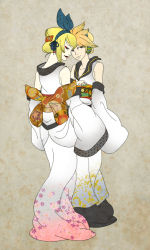 Rule 34 | 1boy, 1girl, asa no ha (pattern), blonde hair, brother and sister, highres, japanese clothes, kagamine len, kagamine rin, seigaiha, siblings, standing, teku (the3dempire), twins, unmoving pattern, vocaloid