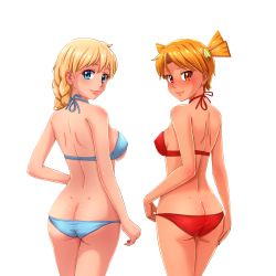Rule 34 | 2girls, ass, bare shoulders, bikini, blonde hair, blue bikini, blue eyes, braid, breasts, butt crack, covered erect nipples, cowboy shot, dimples of venus, dvach-tan, everlasting summer, from behind, hair ornament, hairclip, hand on own ass, highres, huyase, large breasts, long hair, looking at viewer, looking back, lowleg, lowleg bikini, medium breasts, multiple girls, orange eyes, orange hair, red bikini, short hair, shoulder blades, simple background, single braid, slavya-chan, smile, swimsuit, twintails, white background