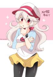 Rule 34 | 1girl, black pantyhose, corrin (female) (fire emblem), corrin (fire emblem), cosplay, creatures (company), eromame, fire emblem, fire emblem fates, game freak, hand on own chin, long hair, nintendo, open mouth, pantyhose, pantyhose under shorts, pointy ears, pokemon, pokemon bw2, pokemon masters ex, red eyes, rosa (pokemon), rosa (pokemon) (cosplay), shorts, solo, stroking own chin, thinking, twitter username, visor cap, white hair, yellow shorts